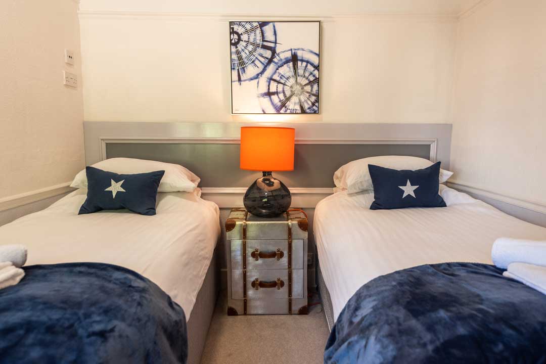 Twin beds in the family suite at the Woodlands Hotel Sidmouth